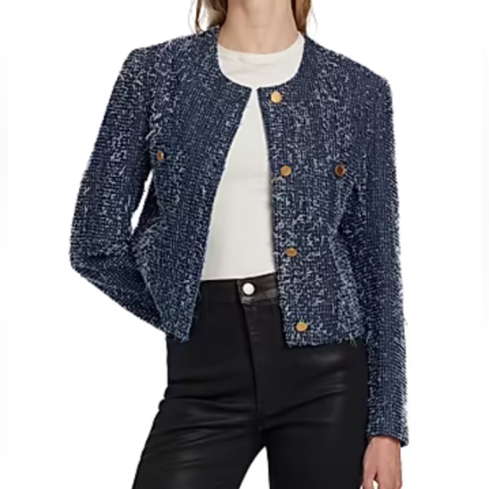 FRAME Denim BouclΓ© Blue Textured Cropped Blazer Jacket Classy Party Spring